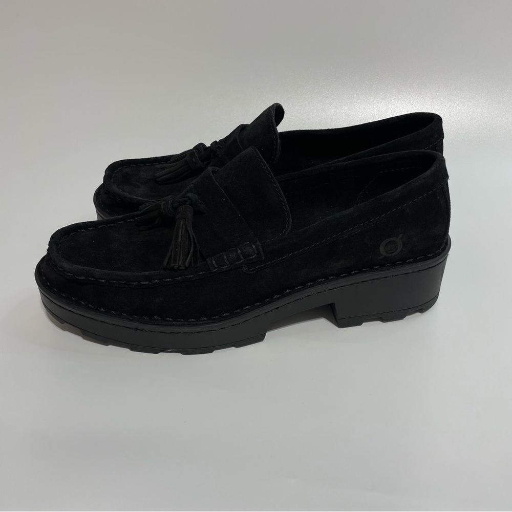 Born Leather Suede Capri Tassel Platform Loafers Navy Blue 7.5